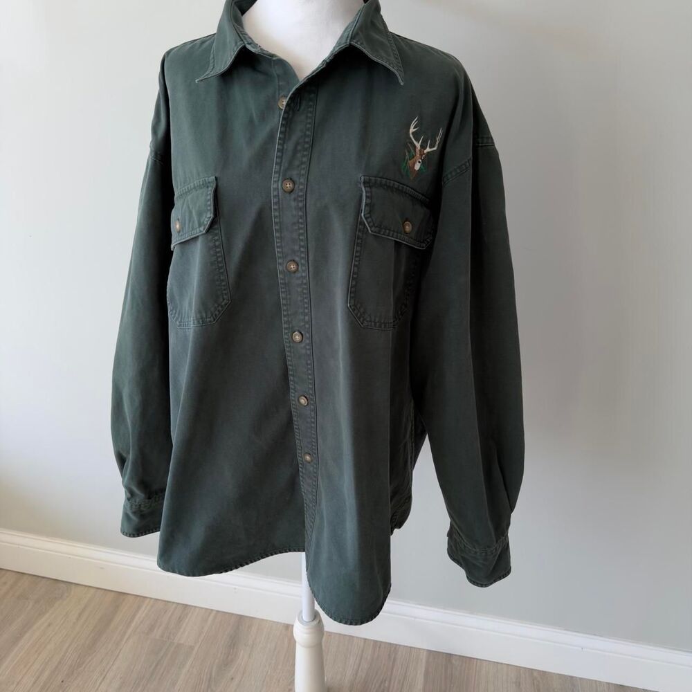Cabela's Men's XL Green Button Up Shirt Embroidered Deer Buck VTG 90's Utility